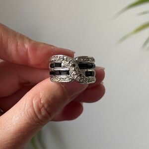 Vintage Art Deco Style Black Baguette Ring Crystal Silver Tone Bypass Chunky Vtg